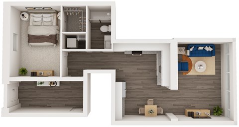A 3D floor plan of a small apartment with a bedroom, living room, and kitchen.